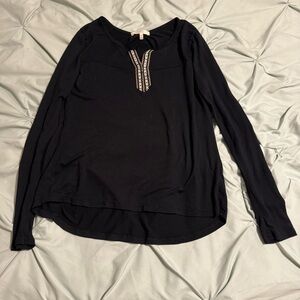 Elodie Black Long Sleeve Top with Embellished Neckline
